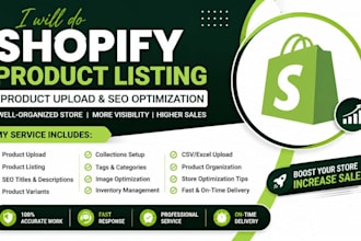 do shopify product listing, product upload, and SEO optimization