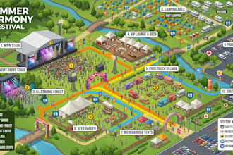 design 3d isometric event map, festival map, campground map, venue layout