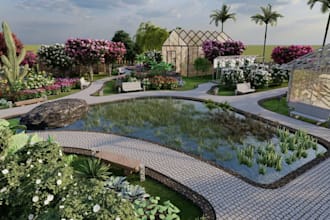 develop garden landscape,courtyard design, botanical garden render,lush backyard