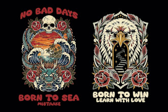 design a retro music t shirt logo with skeleton, eagle, dragon, tattoo artwork