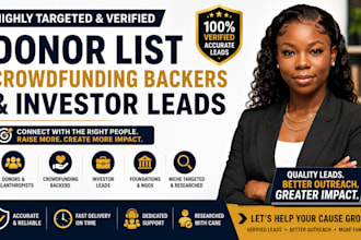 build and provide crowdfunding targeted, verified donors list and backers list