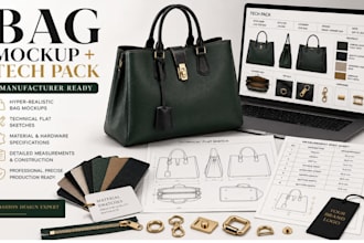 create realistic bag mockups, technical flat sketch and manufacturer ready