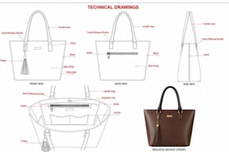 create realistic bag mockups, technical flat sketch and manufacturer ready