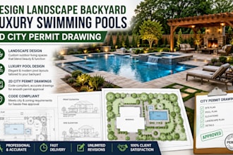 design landscape backyard, luxury swimming pools, 2d city permit drawing