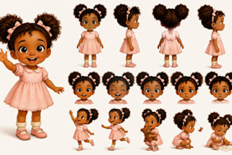 design whimsical children book character pose sheet and expression sheet