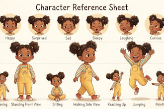 create children book character pose and expression sheet for storybooks