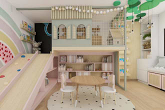 revamp modern kindergarten school, playroom interior design, kids room rendering