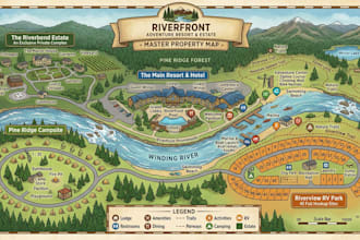 render custom resort map hotel property campsite, hiking, rv park and estate map