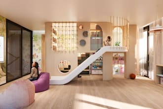 design a modern daycare, kids playroom, preschool or indoor playground in 3d