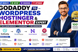 migrate godaddy to wordpress, elementor, install hostinger and website redesign