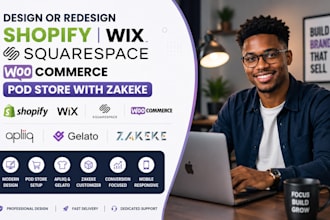 design or redesign shopify wix squarespace woocommerce pod store with zakeke