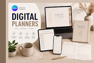 design etsy digital planner, canva planner, hyperlink planner, digital journal