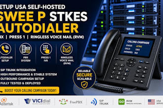 setup USA self hosted swee p stkes autodailer, pbx p1 ringless voice mail, voip
