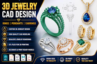 create 3d jewelry cad design, rings, pendants, earrings, stl, jewelry rendering