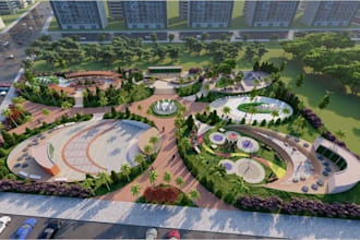 render urban park design, butterfly layout, community amenities, civic landscape