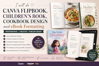 do canva flipbook format children book and  cookbook design