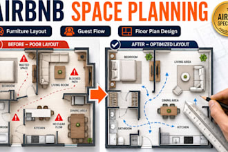 create airbnb apartment space planning, furniture layout and floor plan design