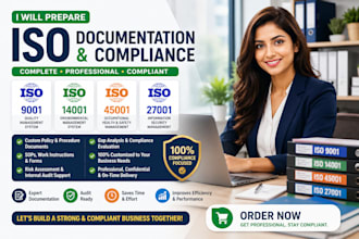 prepare iso 9001, iso 14001, iso 45001, iso 27001 documentation and compliance