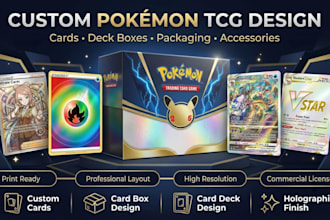 design custom pokemon tcg cards, card boxes, deck boxes and trainer card artwork
