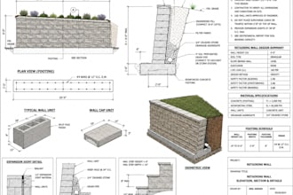 do the structural design deck retaining wall cmu, gabion and basement