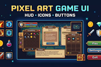 create pixel art game ui, hud, gui, icons, buttons, inventory and menu for games