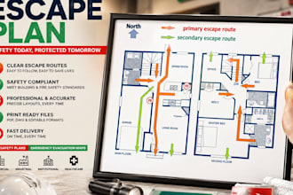 design fire escape plan, fire safety,fire exit plan and emergency evacuation map