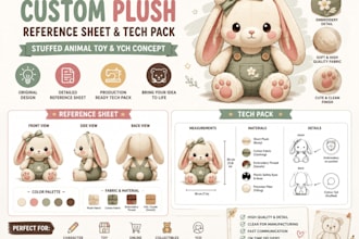 design custom plush reference sheet tech pack stuffed animal toy and ych concept