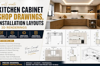 create kitchen cabinet shop drawing installation layout and 3d rendering