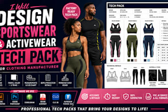 design sportswear and activewear tech pack for clothing manufacturer