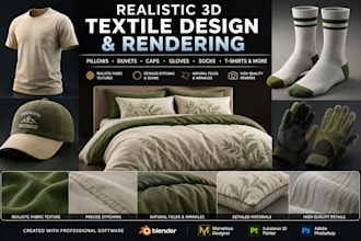 design and render 3d textile, 3d pillow, cap, gloves duvet,socks, 3d clothing
