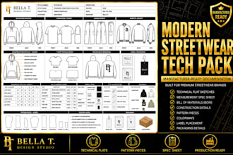 create modern streetwear tech pack for manufacturer and production