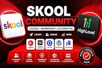 setup skool community, online course, gohighlevel membership website, automation
