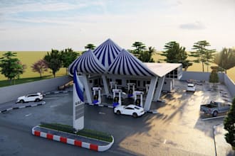 futuristic 3d ev charging station, gas, fuel, petrol sation, solar pv, site plan