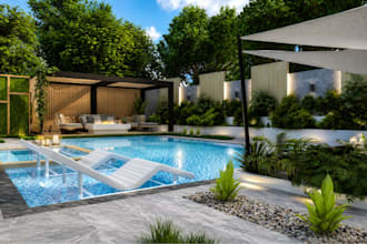 landscape design, garden, backyard, patio pergola and pool with 3d visualization