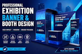 trade show booth design, exhibition signage, backdrop, roll up banner graphics