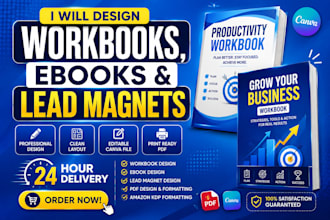 do workbook design, ebook design, lead magnet, PDF design and canva template