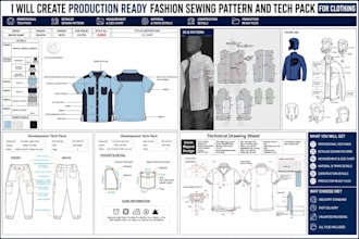 create production ready fashion sewing pattern and tech pack for clothing
