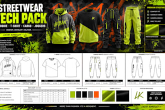 design streetwear hoodie tshirt cargo joggers tech pack and technical flats