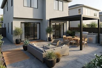 do backyard landscape design, 3d patio, pergola pool, garden landscape rendering