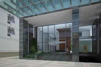 perspective commercial property,office interior,open plan layout,exterior render