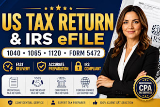 prepare and efile US tax returns for 1040, 1065, 1120 and form 5472