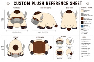 draw custom 2d plush reference sheet stuffed animal toy character or ych and oc
