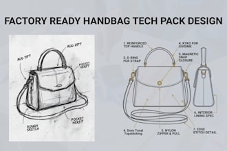 design a factory ready handbag tech pack and bag cad specification sheet