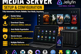 configure plex, jellyfin sonarr, radar media server with docker on your vps, nas