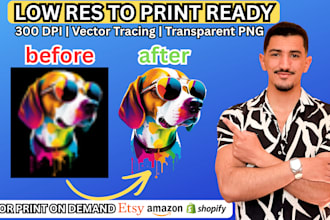 convert low quality art to a high res print ready design without background