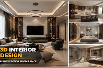 do 3d interior design for kitchen, dining, bathroom, bedroom, living room design