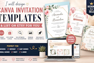 design editable canva invitation templates, wedding invitation for etsy shop