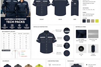 create uniform workwear, industrial, and corporate workwear, apparel tech packs