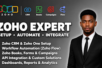 setup zoho crm, zoho campaigns, zoho one site, zoho forms, zoho flow automation