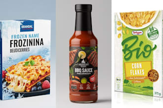 design luxury frozen food, cereal box packaging and sauce bottle  label in adobe